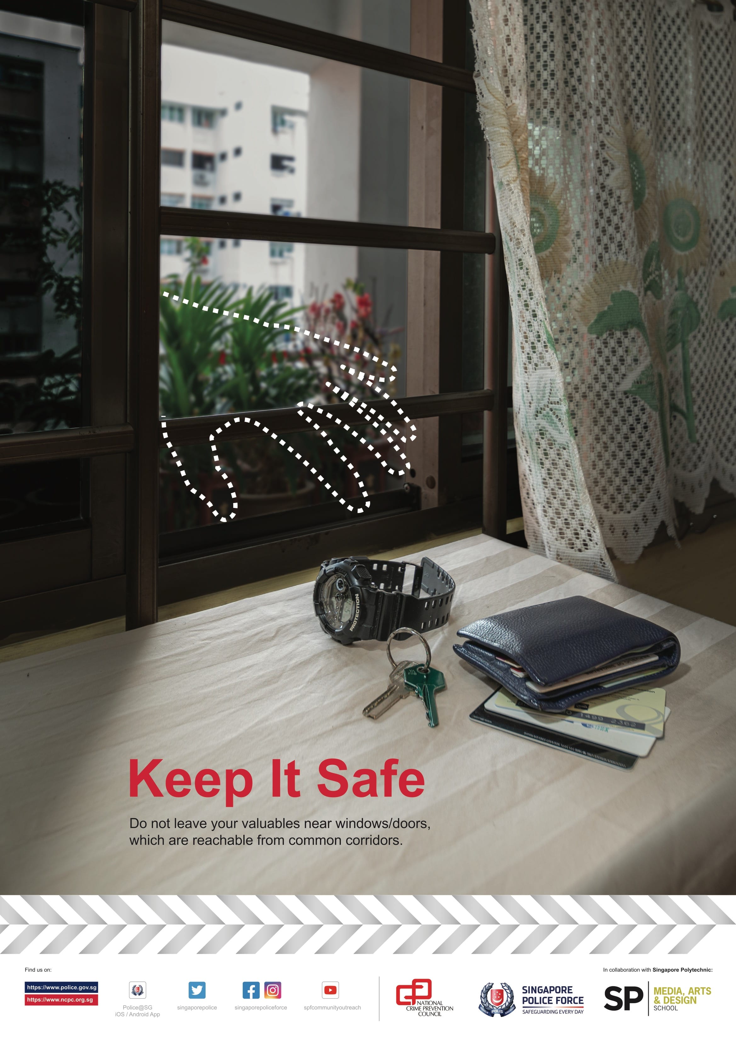 An interior view shows a surface near an open or slatted window where personal valuables—including a watch, a set of keys with a green fob, and a wallet containing cards—are left within reach, highlighted by a graphic outline of a hand reaching through the window bars from outside.